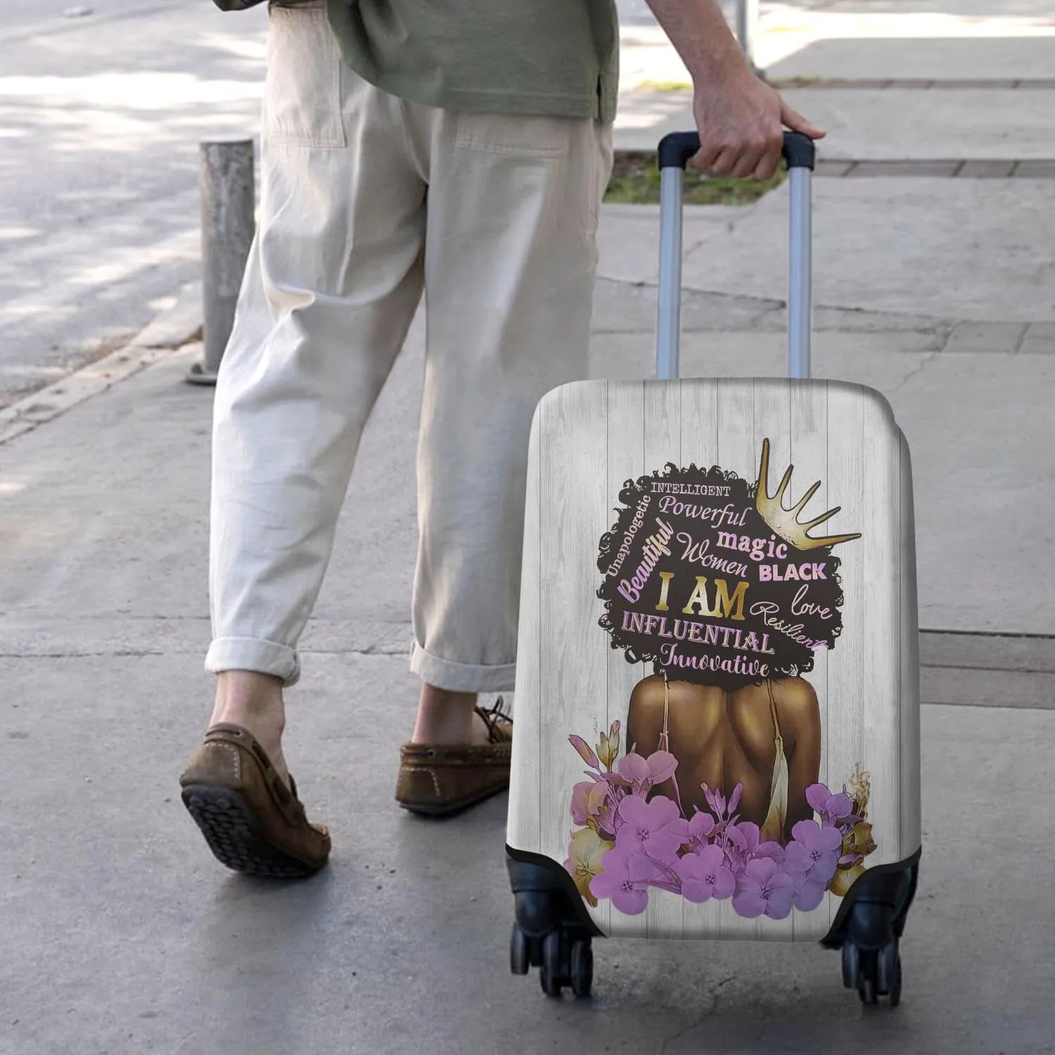 African American Luggage Cover Washable Elastic Women Back and Purple Flower Travel Suitcase Cover Anti-scratch Suitcase cover Fits 22-24 Inch Luggage Cover