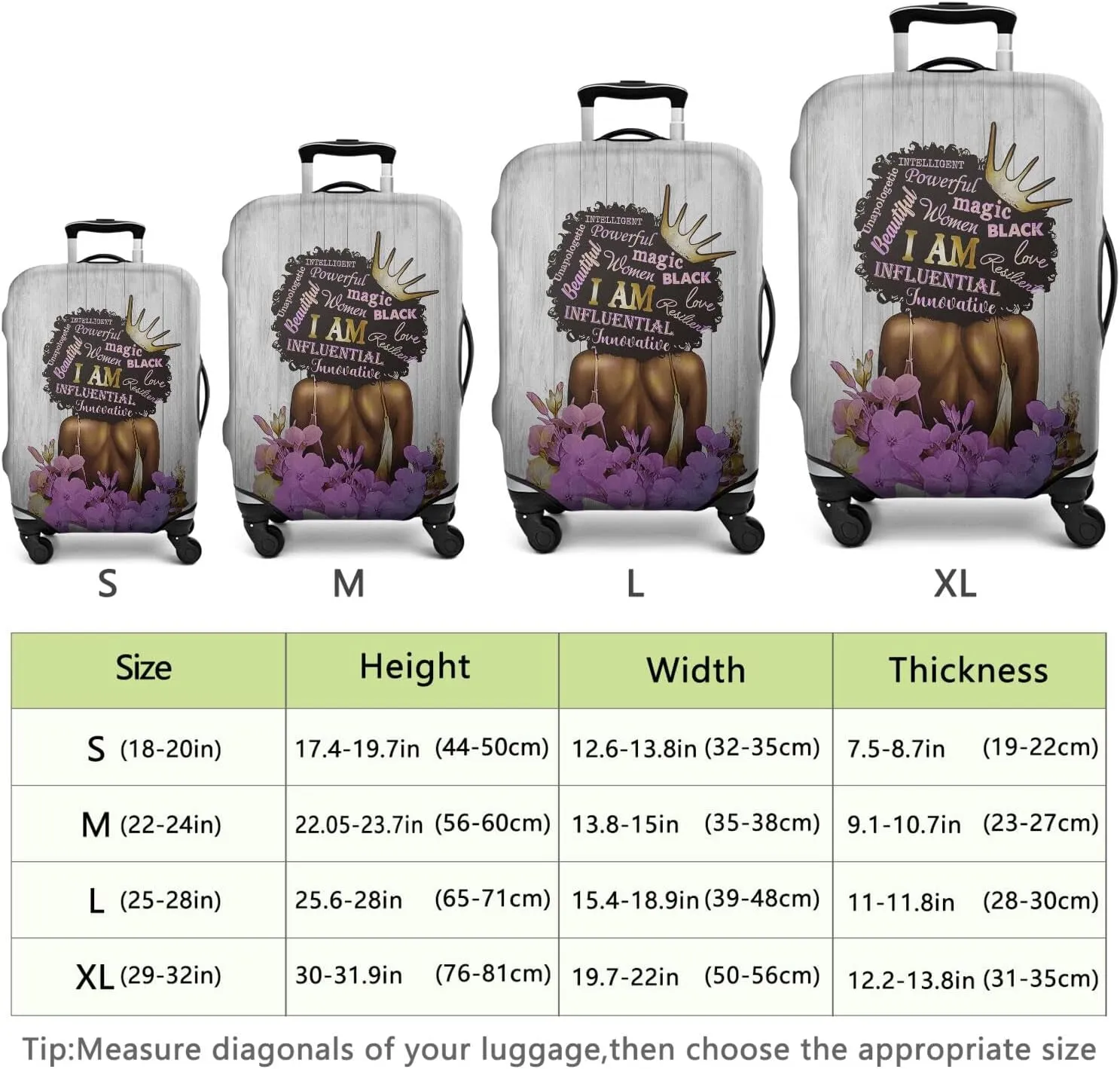 African American Luggage Cover Washable Elastic Women Back and Purple Flower Travel Suitcase Cover Anti-scratch Suitcase cover Fits 22-24 Inch Luggage Cover