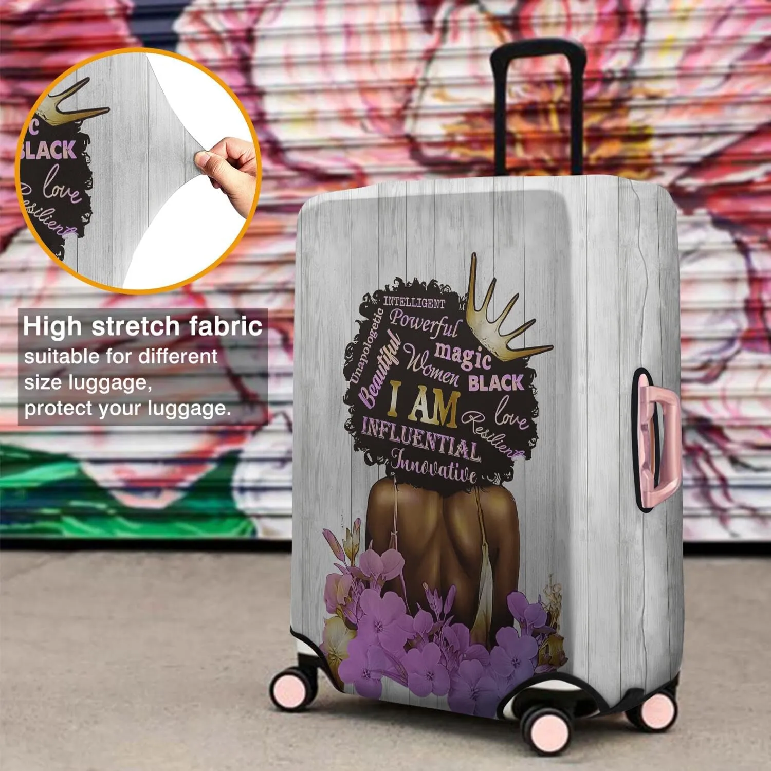 African American Luggage Cover Washable Elastic Women Back and Purple Flower Travel Suitcase Cover Anti-scratch Suitcase cover Fits 22-24 Inch Luggage Cover