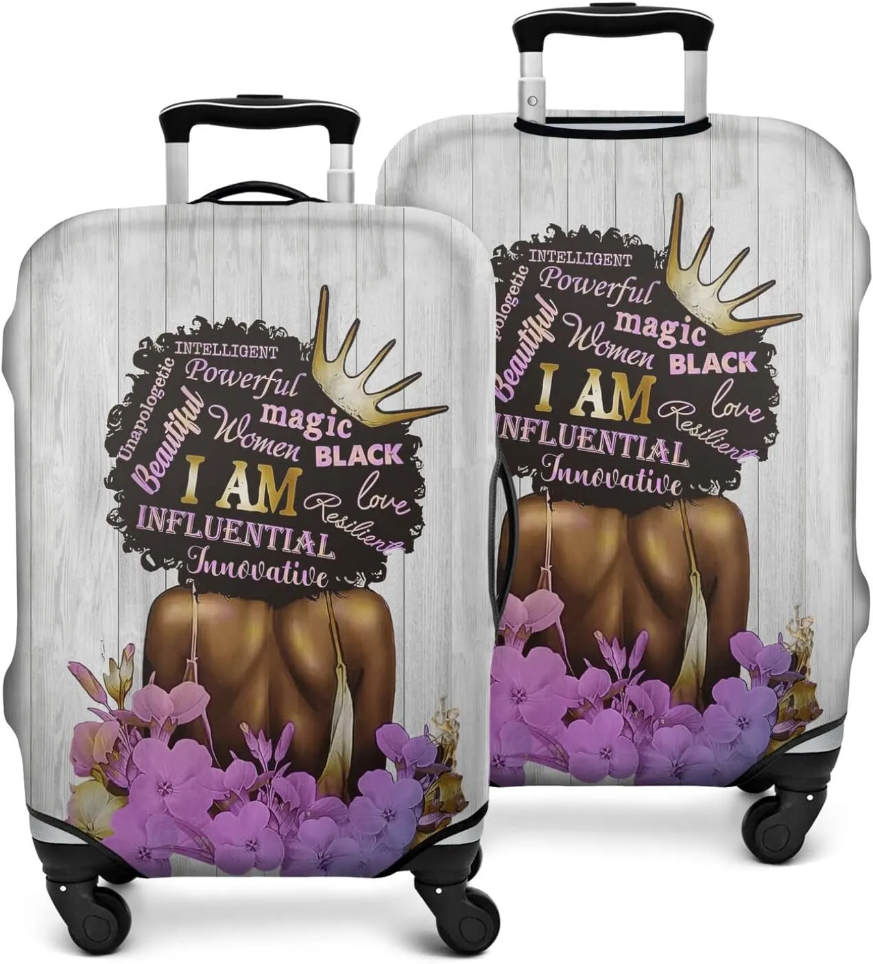 African American Luggage Cover Washable Elastic Women Back and Purple Flower Travel Suitcase Cover Anti-scratch Suitcase cover Fits 22-24 Inch Luggage Cover