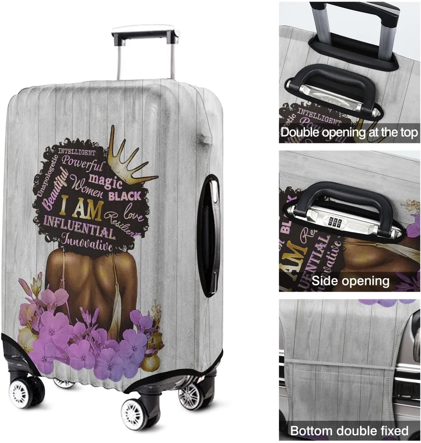 African American Luggage Cover Washable Elastic Women Back and Purple Flower Travel Suitcase Cover Anti-scratch Suitcase cover Fits 22-24 Inch Luggage Cover