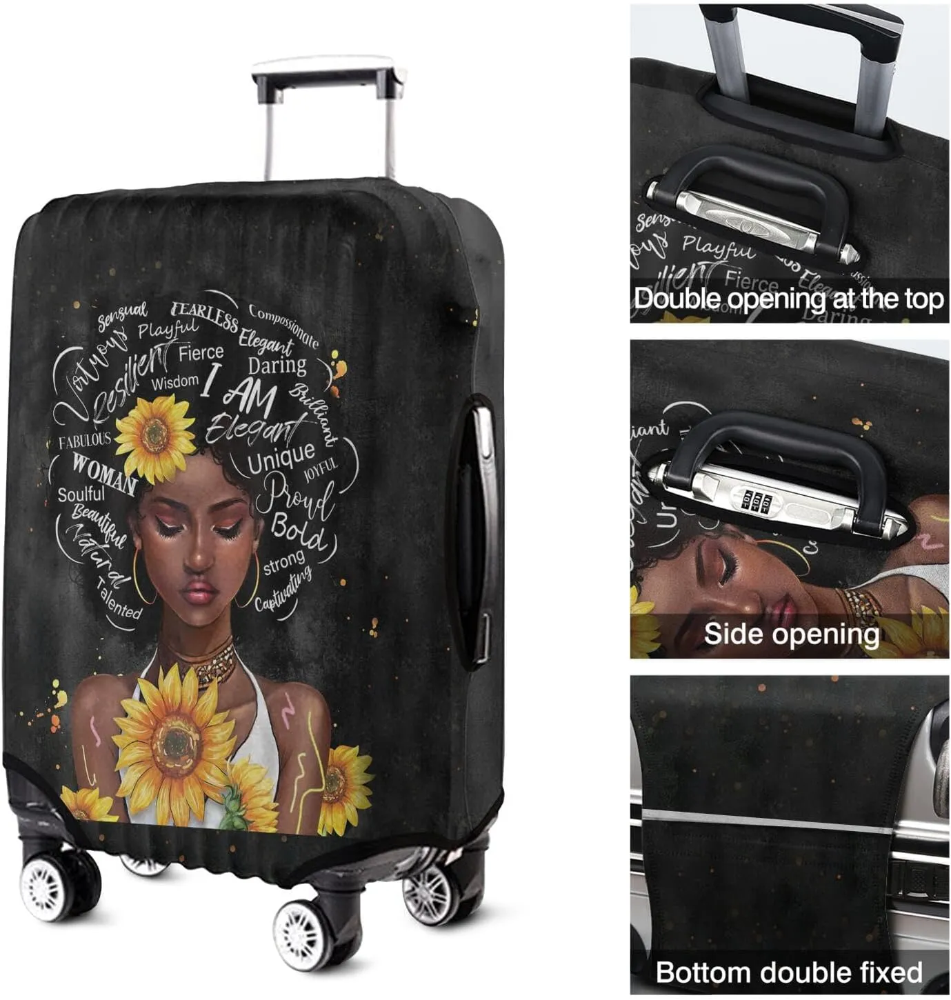 African American Washable Elastic Luggage Cover - Women and Sunflower Two Sides Travel Suitcase Cover Anti-scratch Suitcase cover Fits 22-24in Luggage Covers