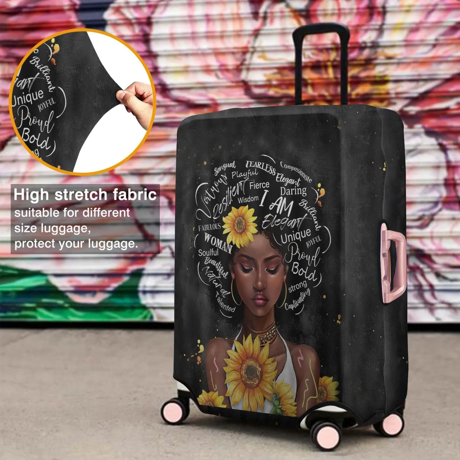 African American Washable Elastic Luggage Cover - Women and Sunflower Two Sides Travel Suitcase Cover Anti-scratch Suitcase cover Fits 22-24in Luggage Covers