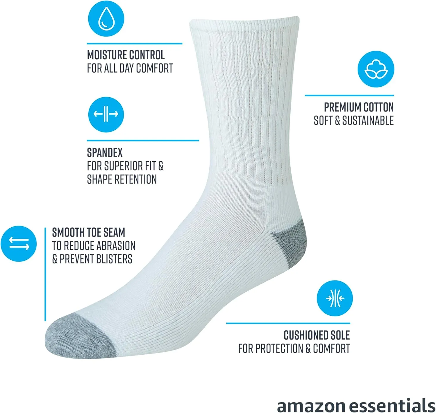 Amazon Essentials Men's Cotton Crew Socks - Comfortable, Durable, Half-Cushioned, 10 Pairs