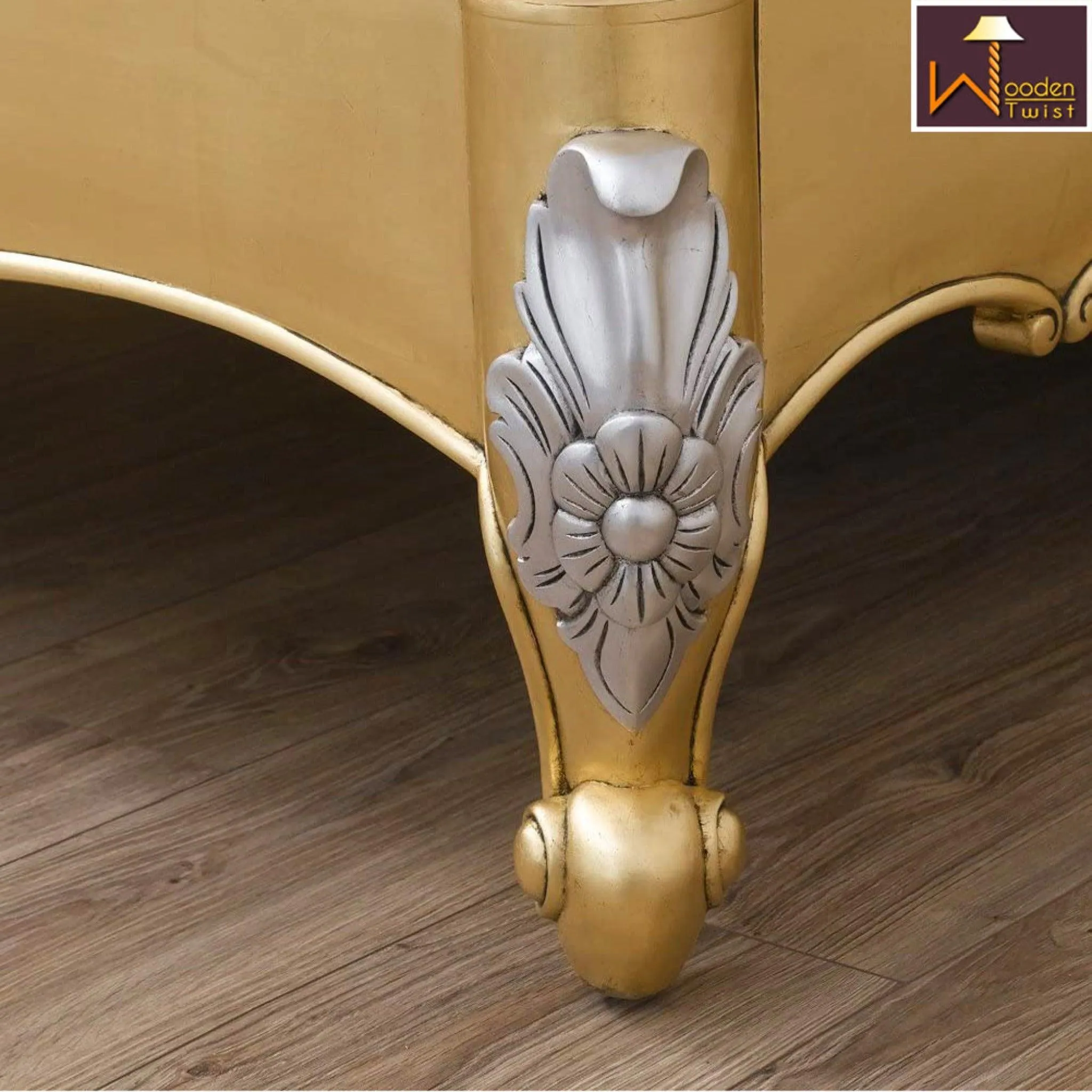 Golden Queen Size Teak Wood Bed Hand Carved with Cushioned Design
