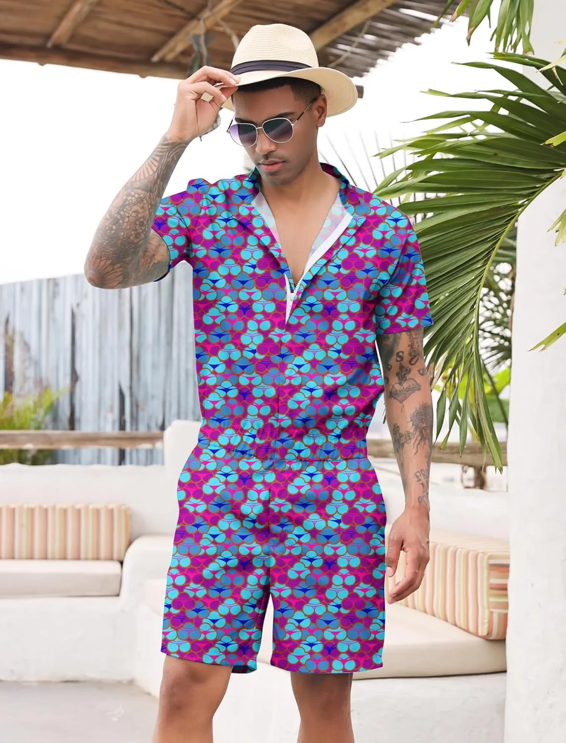 RAISEVERN Mens Romper Zipper Jumpsuit Male Shorts Sleeve One Piece Overalls Bro Outfits
