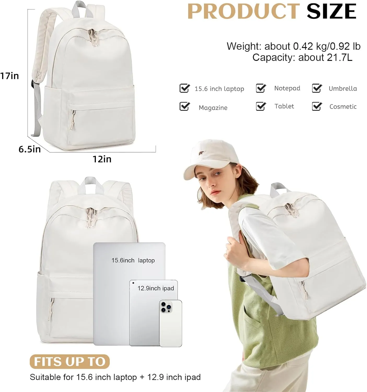 School Backpack for Teen Girls Women Laptop Backpack College Bookbags Middle School Travel Work Commuter Back Pack(Solid Beige)
