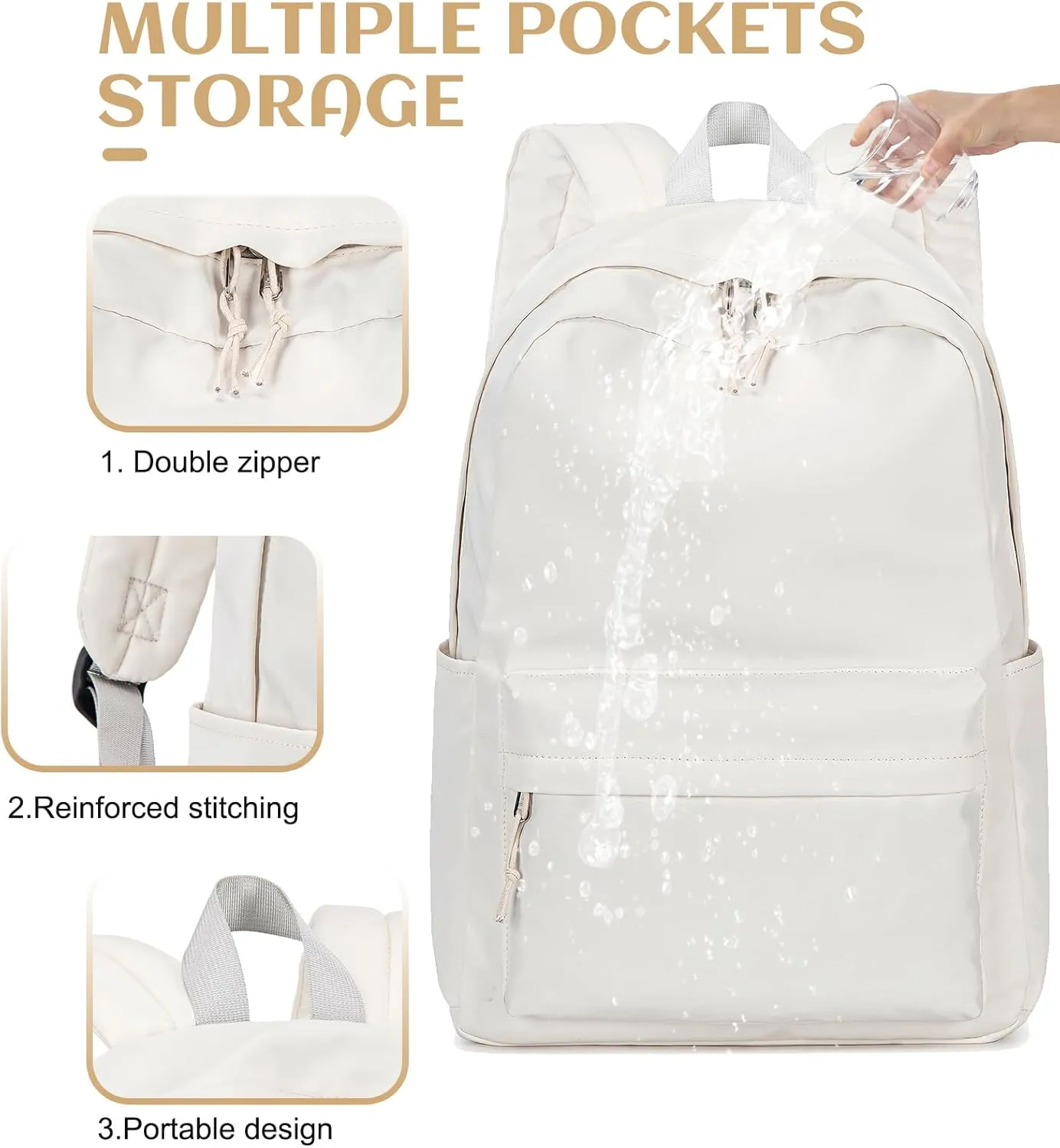 School Backpack for Teen Girls Women Laptop Backpack College Bookbags Middle School Travel Work Commuter Back Pack(Solid Beige)